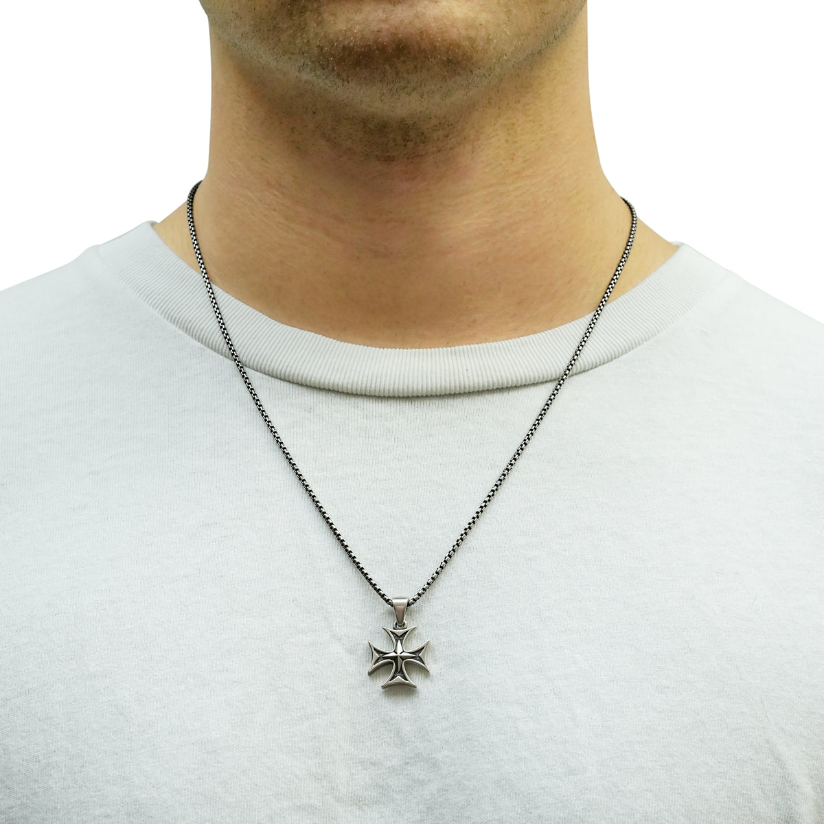 2mm Box Chain & Templar Cross Pendant Set
